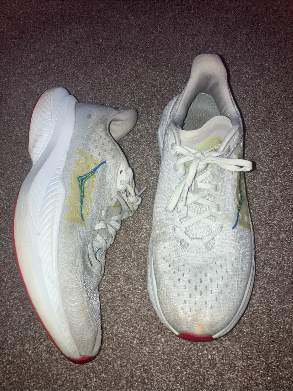 Hoka Men's White Running Shoes with Red and Yellow Accents size 11
